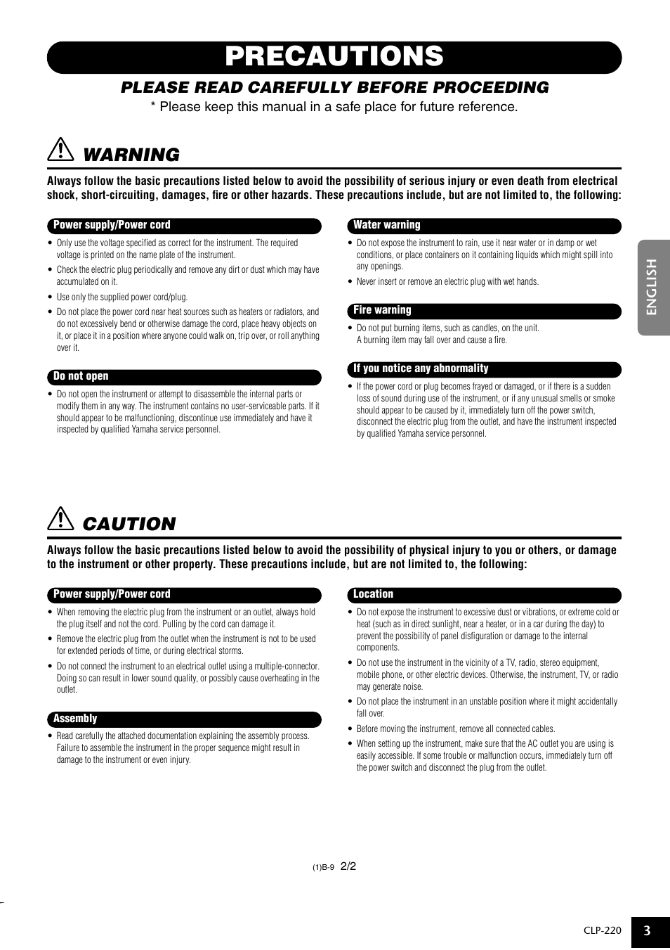 Precautions, Warning, Caution | Please read carefully before proceeding | Yamaha CLP-220 User Manual | Page 3 / 50