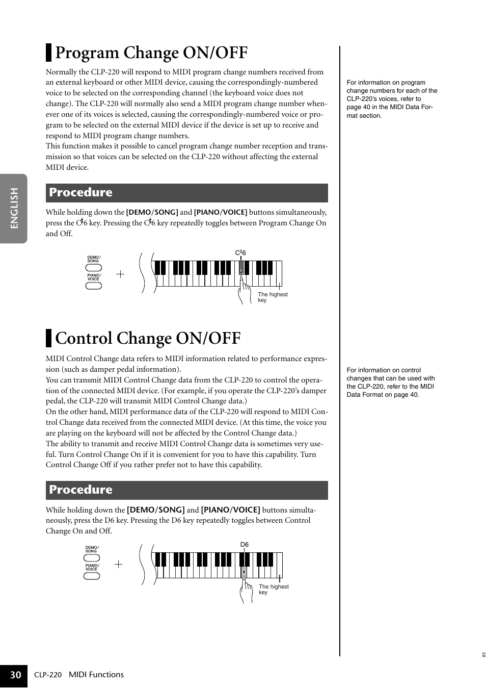 Program change on/off, Control change on/off, Program change on/off control change on/off | Procedure | Yamaha CLP-220 User Manual | Page 30 / 50