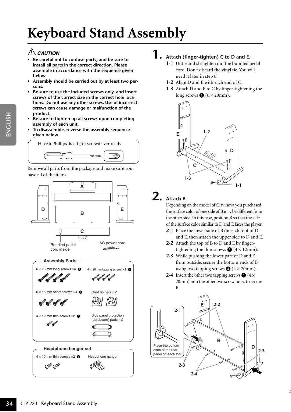 Keyboard stand assembly, S 34–36, 34 english | Yamaha CLP-220 User Manual | Page 34 / 50