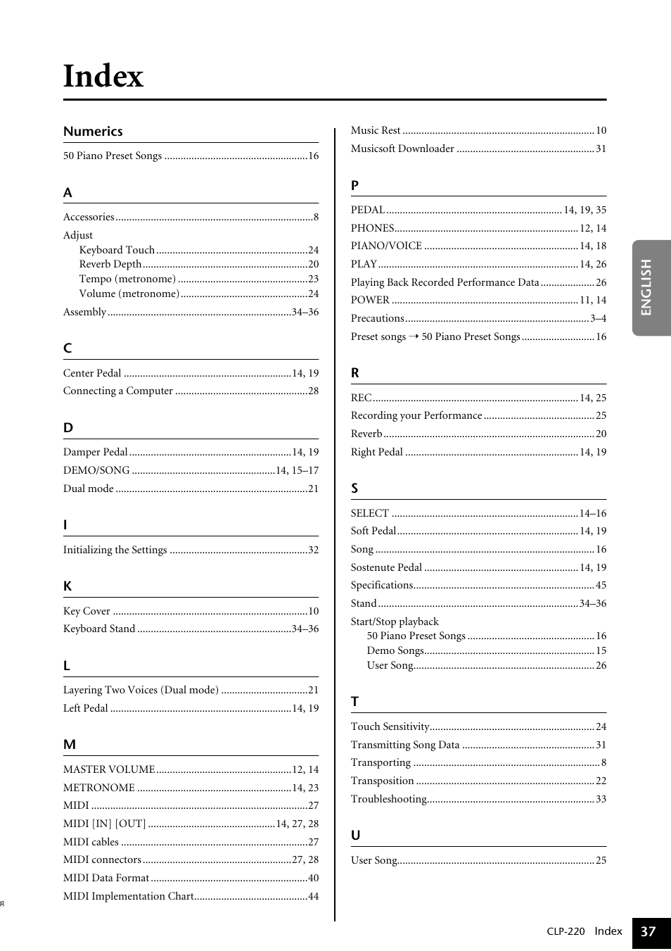 Index, Numerics | Yamaha CLP-220 User Manual | Page 37 / 50