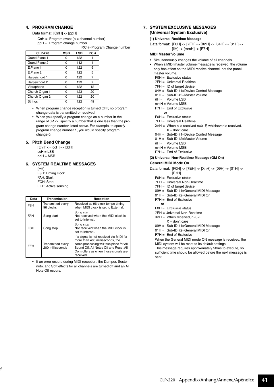 Appendix/anhang/annexe/apéndice | Yamaha CLP-220 User Manual | Page 41 / 50