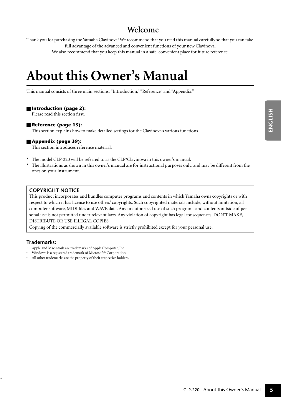 Welcome, About this owner’s manual | Yamaha CLP-220 User Manual | Page 5 / 50