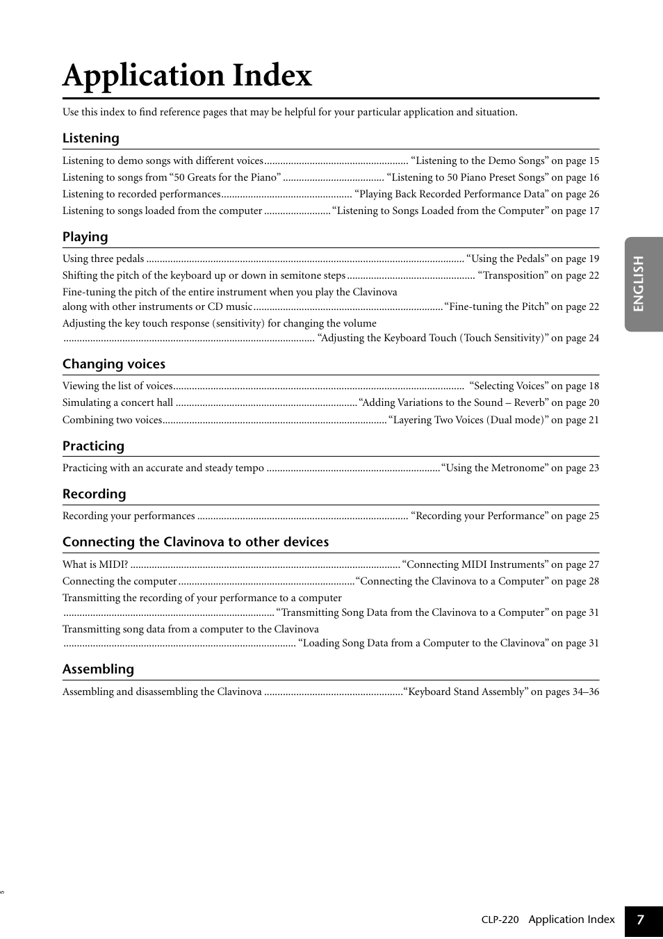 Application index | Yamaha CLP-220 User Manual | Page 7 / 50