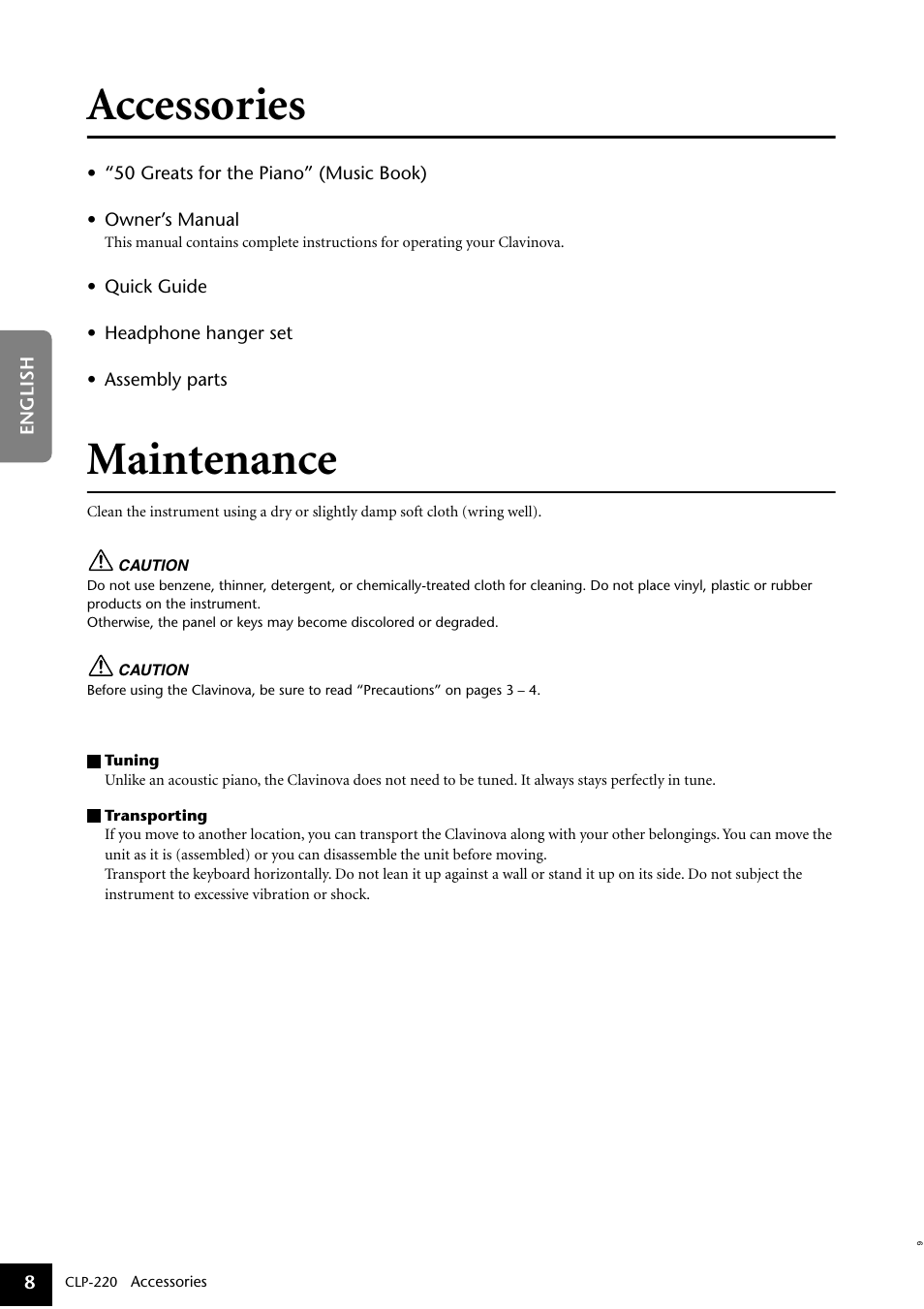 Accessories, Maintenance | Yamaha CLP-220 User Manual | Page 8 / 50