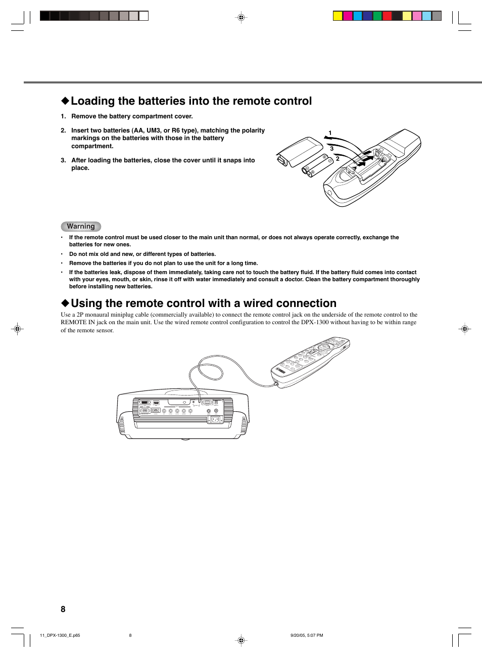 Loading the batteries into the remote control, Using the remote control with a wired connection | Yamaha DPX-1300 G User Manual | Page 10 / 67