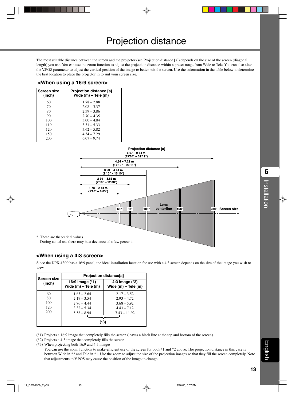 Projection distance, Installation, English | When using a 4:3 screen, When using a 16:9 screen | Yamaha DPX-1300 G User Manual | Page 15 / 67