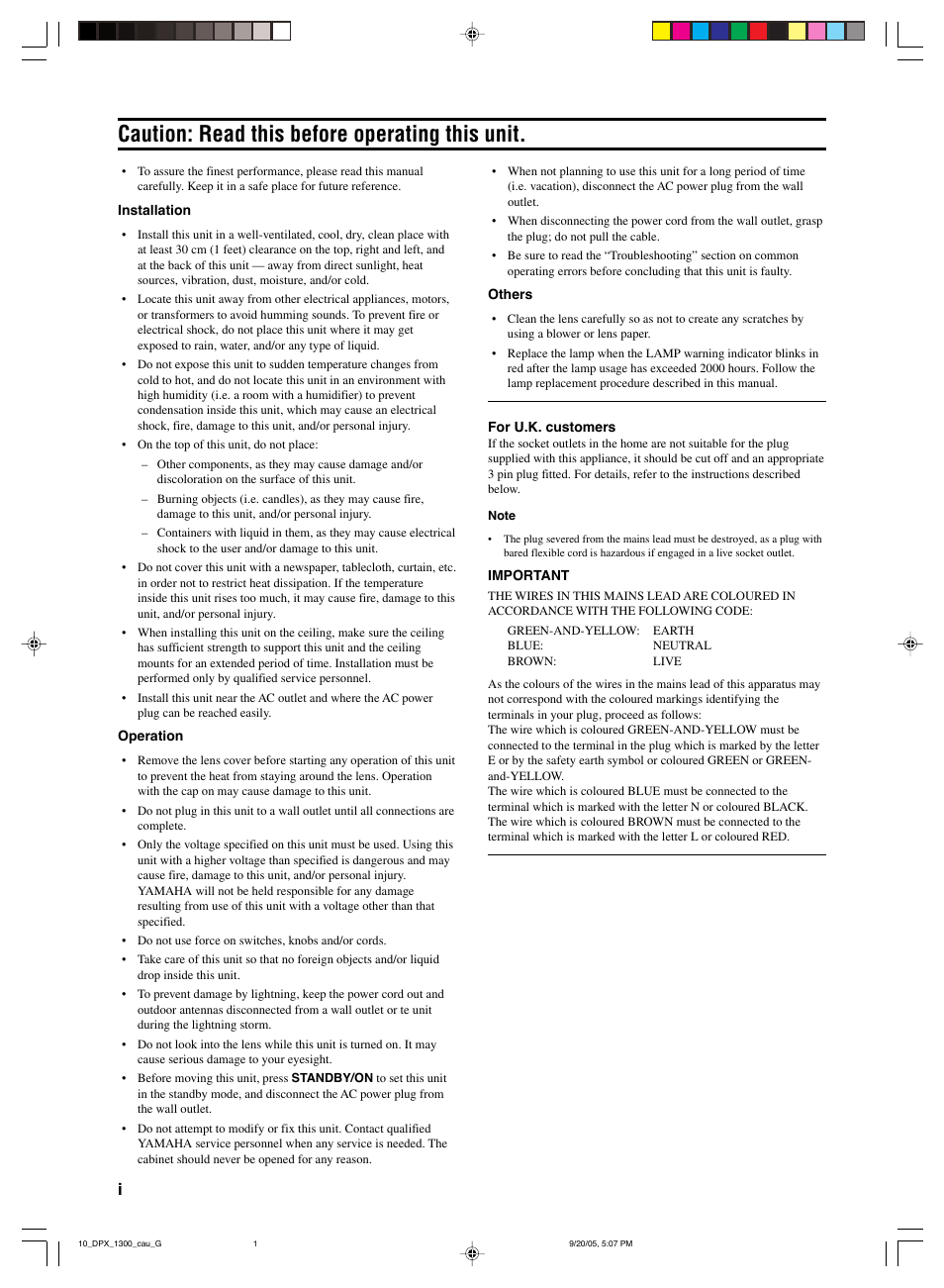 Caution: read this before operating this unit | Yamaha DPX-1300 G User Manual | Page 2 / 67