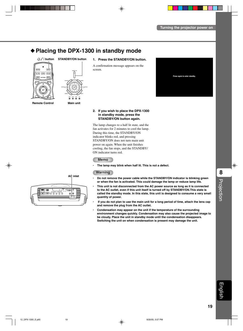 Placing the dpx-1300 in standby mode, Projection, English | Warning, Turning the projector power on | Yamaha DPX-1300 G User Manual | Page 21 / 67