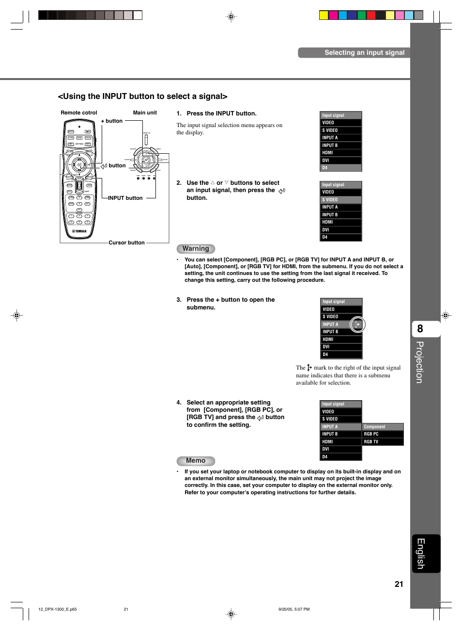 Projection, English, Using the input button to select a signal | Selecting an input signal, Warning | Yamaha DPX-1300 G User Manual | Page 23 / 67