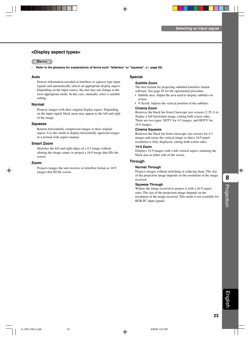Projection, English | Yamaha DPX-1300 G User Manual | Page 25 / 67