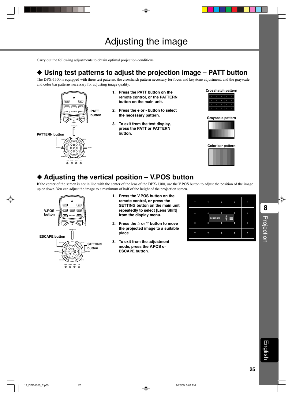 Adjusting the image, Adjusting the vertical position – v.pos button, Projection | English | Yamaha DPX-1300 G User Manual | Page 27 / 67