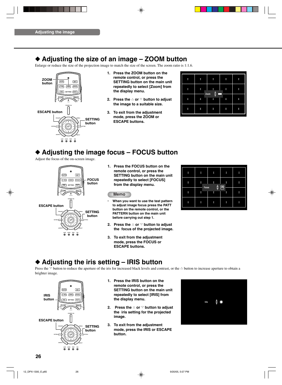 Adjusting the size of an image – zoom button, Adjusting the image focus – focus button, Adjusting the iris setting – iris button | Adjusting the image, Escape button setting button zoom button | Yamaha DPX-1300 G User Manual | Page 28 / 67
