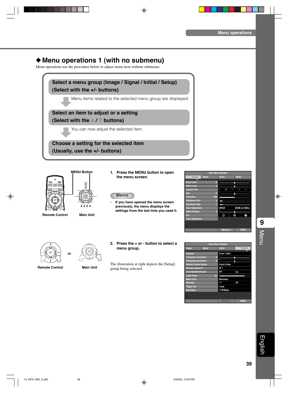 Menu operations 1 (with no submenu), Menu, English | Menu operations | Yamaha DPX-1300 G User Manual | Page 41 / 67