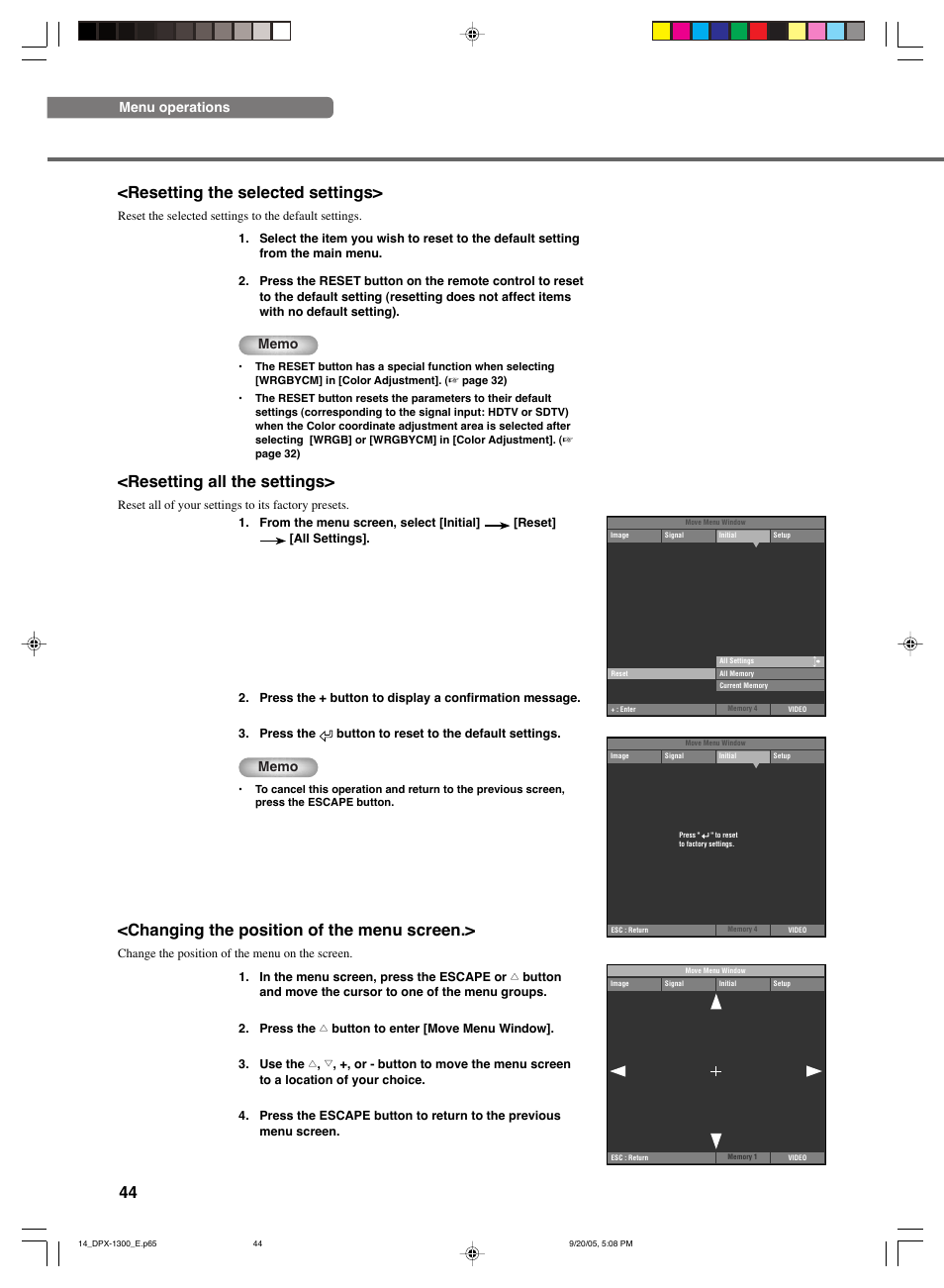 44 <resetting the selected settings, Resetting all the settings, Changing the position of the menu screen | Menu operations | Yamaha DPX-1300 G User Manual | Page 46 / 67