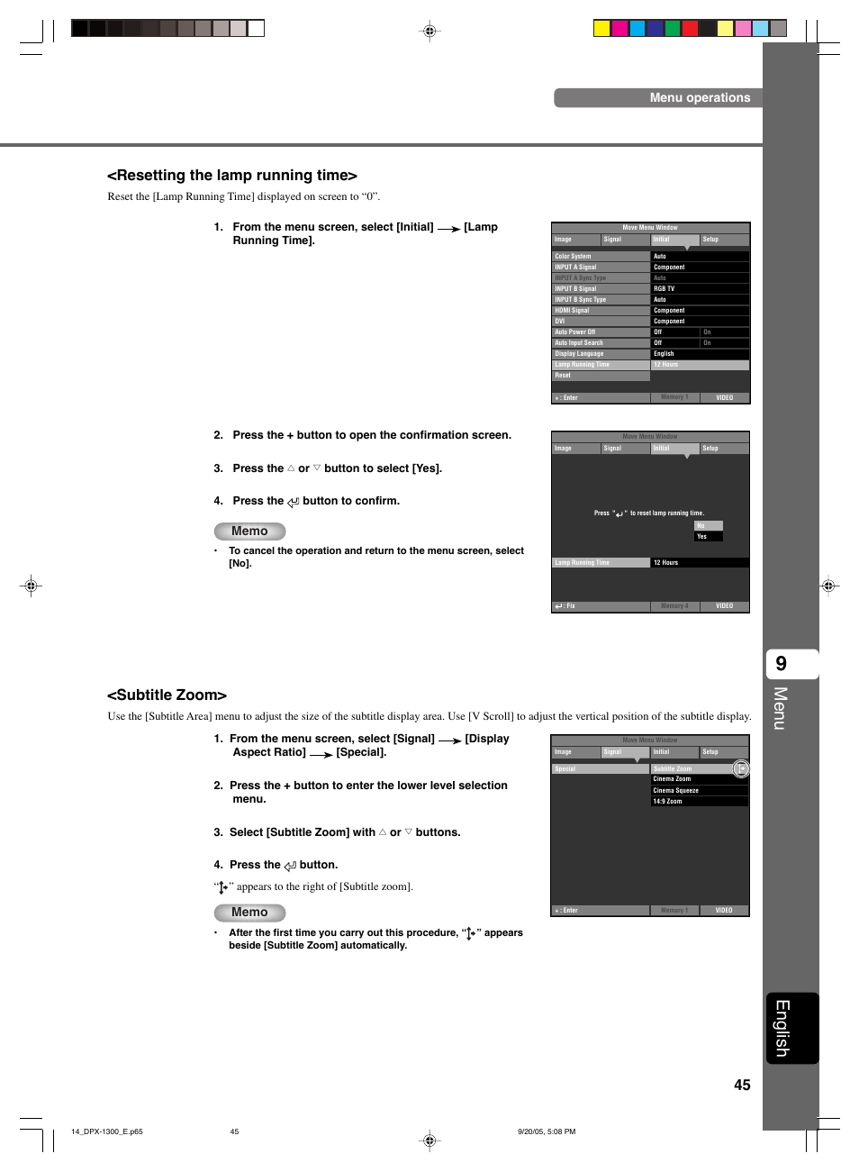 Menu, English, Resetting the lamp running time | Subtitle zoom, Menu operations | Yamaha DPX-1300 G User Manual | Page 47 / 67