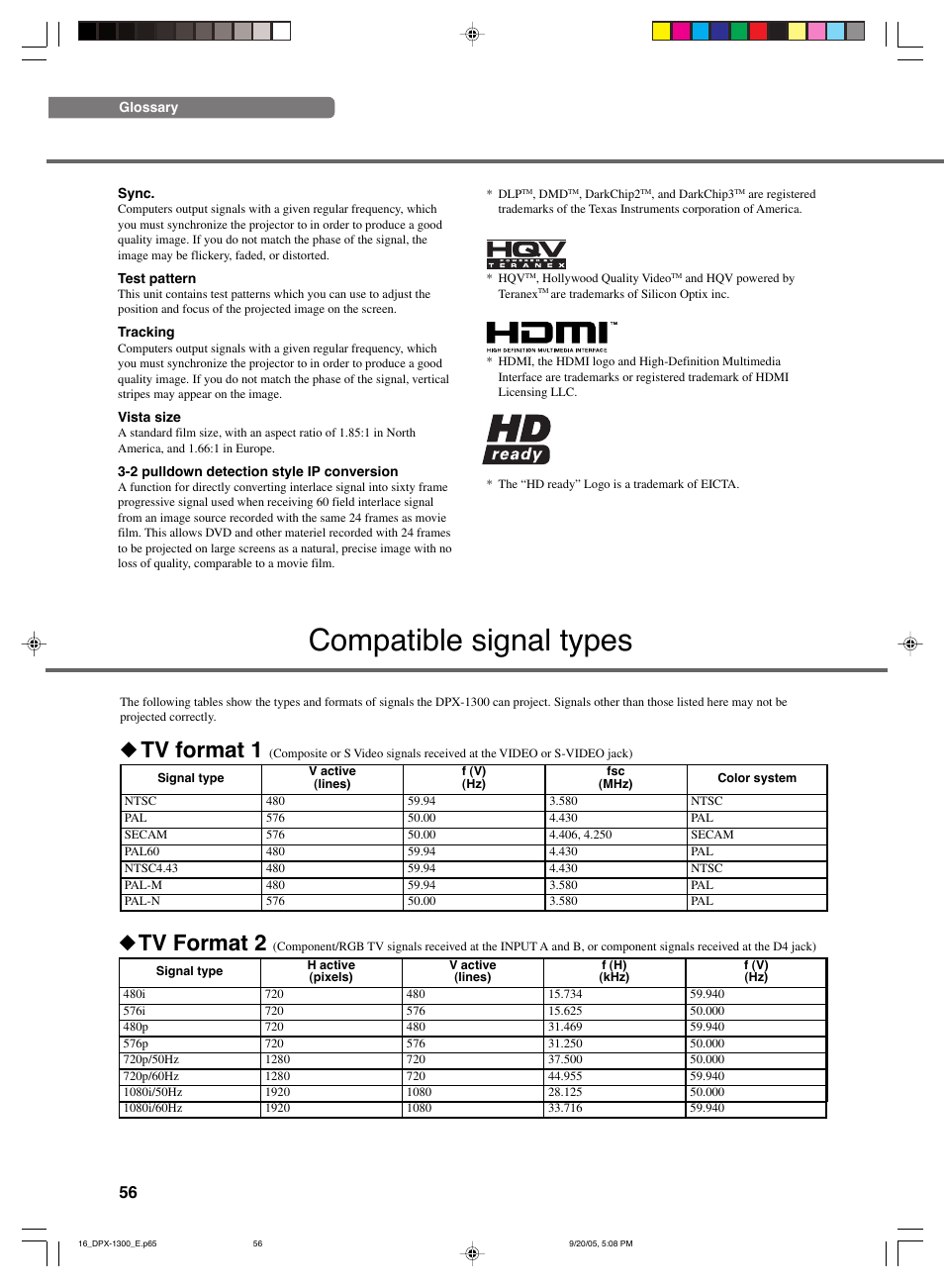 Compatible signal types, Tv format 1, Tv format 2 | Yamaha DPX-1300 G User Manual | Page 58 / 67