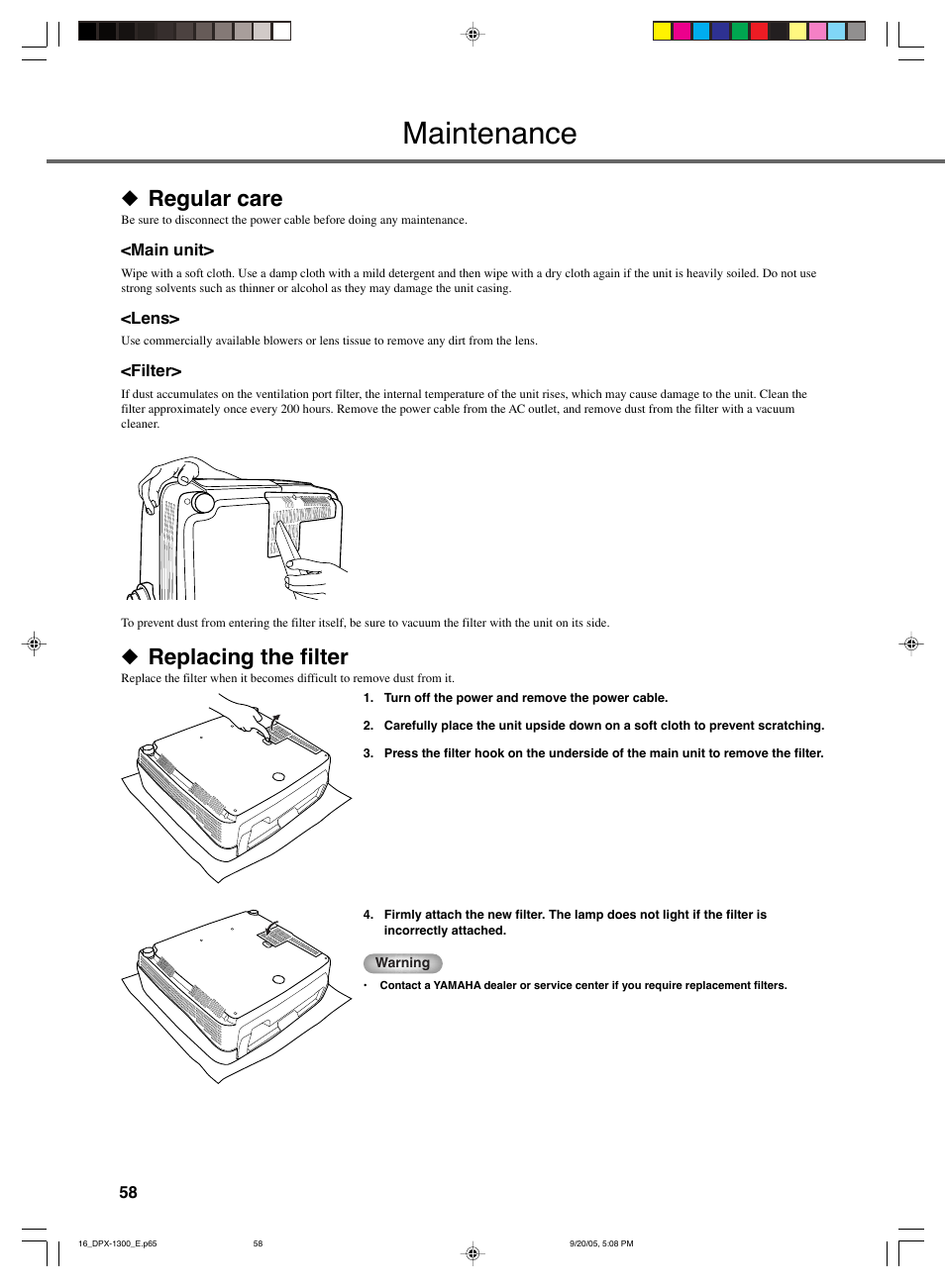 Maintenance, Regular care, Replacing the filter | Yamaha DPX-1300 G User Manual | Page 60 / 67
