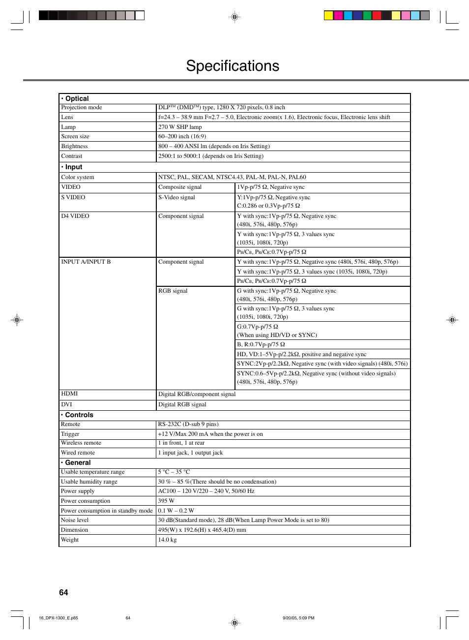 Specifications | Yamaha DPX-1300 G User Manual | Page 66 / 67