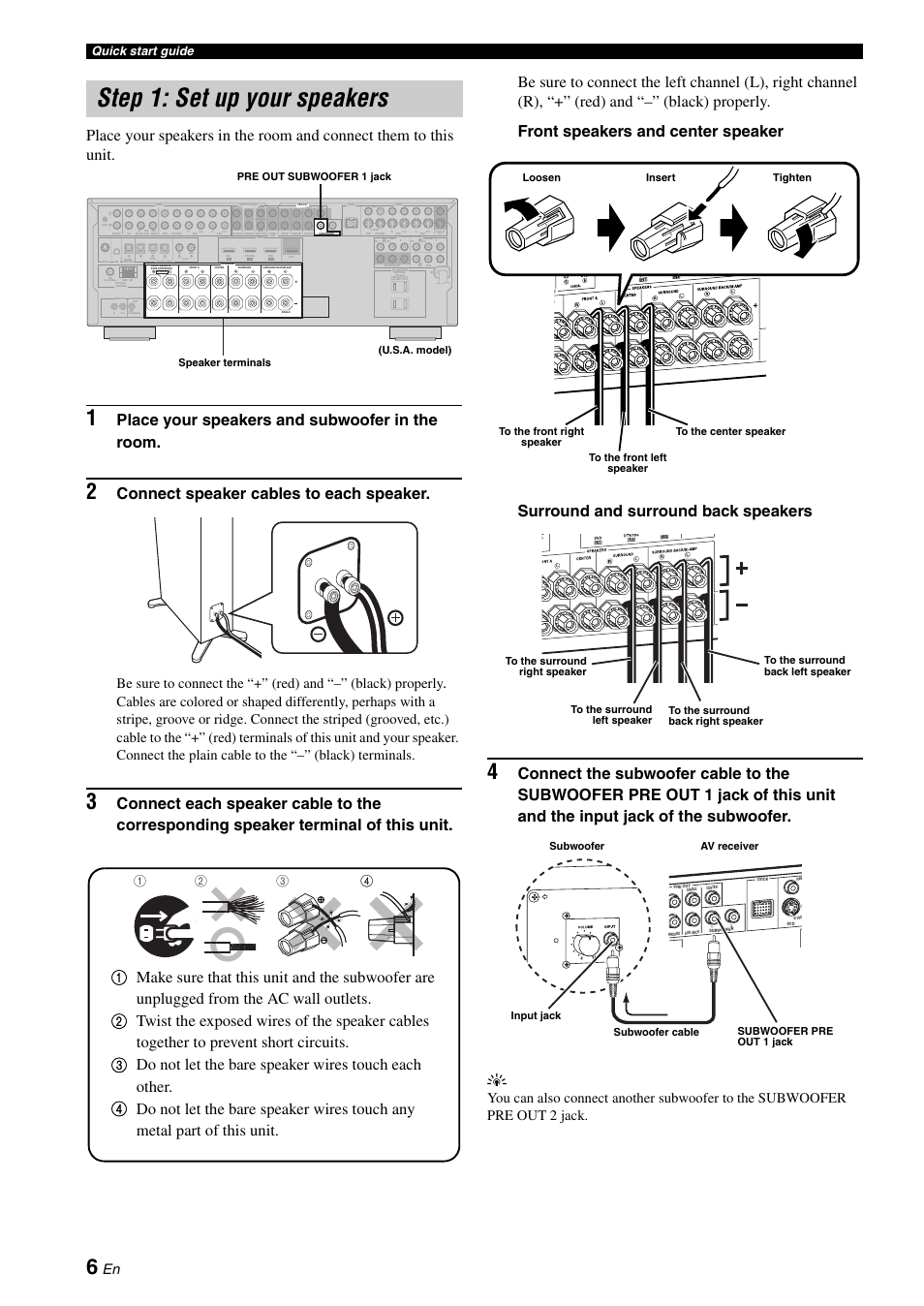 Step 1: set up your speakers, P. 6, Place your speakers and subwoofer in the room | Connect speaker cables to each speaker, Quick start guide | Yamaha HTR-6180 User Manual | Page 10 / 152