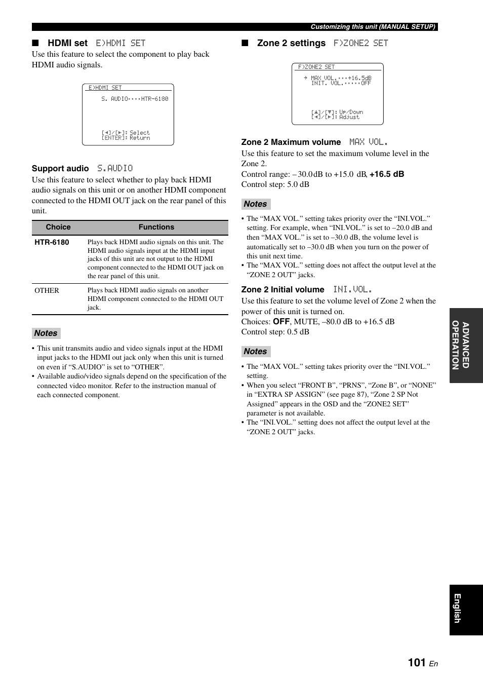 Hdmi set, Zone 2 settings | Yamaha HTR-6180 User Manual | Page 105 / 152