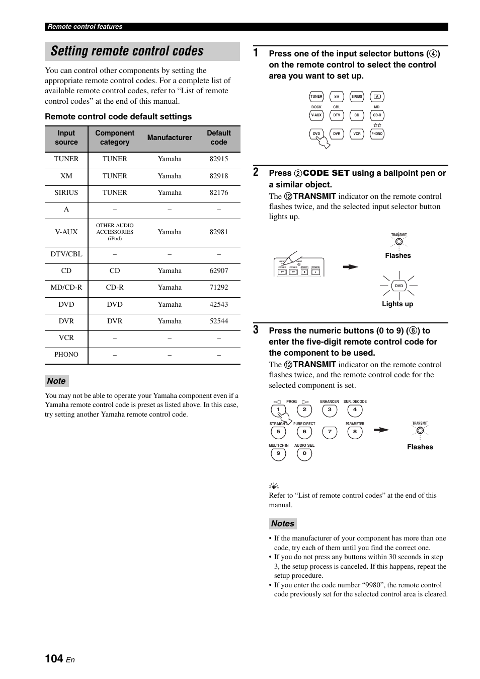 Setting remote control codes | Yamaha HTR-6180 User Manual | Page 108 / 152