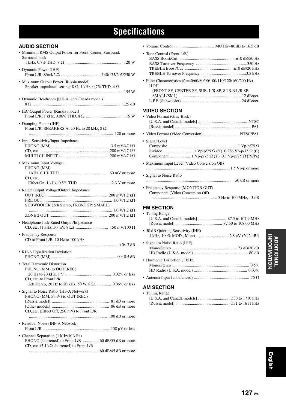 Specifications | Yamaha HTR-6180 User Manual | Page 131 / 152