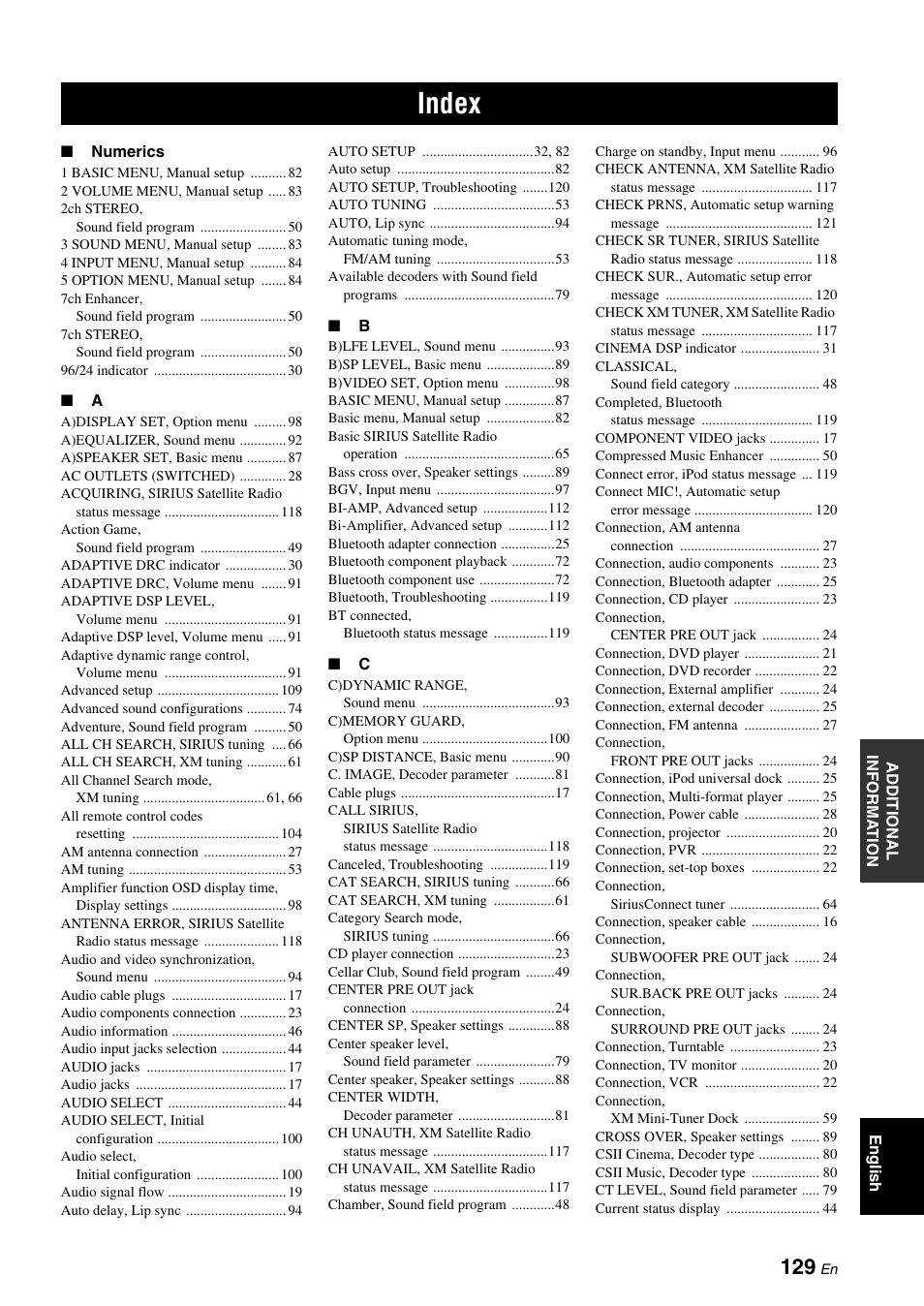 Index | Yamaha HTR-6180 User Manual | Page 133 / 152