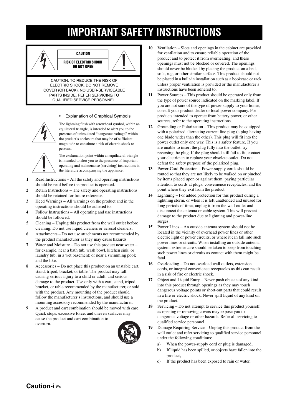 English, Important safety instructions, Caution-i | Yamaha HTR-6180 User Manual | Page 2 / 152