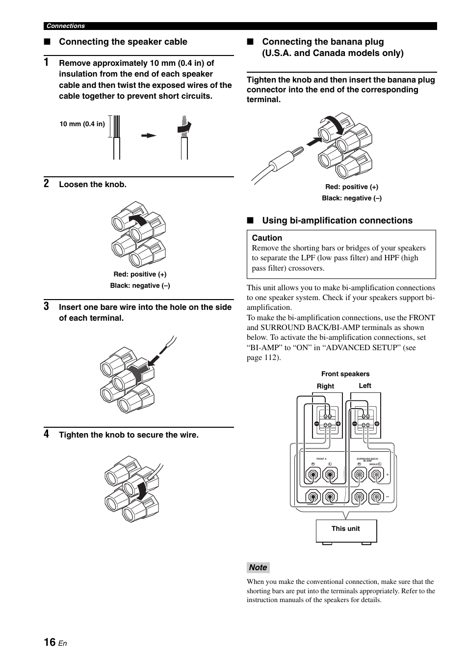 Connecting the speaker cable, Using bi-amplification connections | Yamaha HTR-6180 User Manual | Page 20 / 152