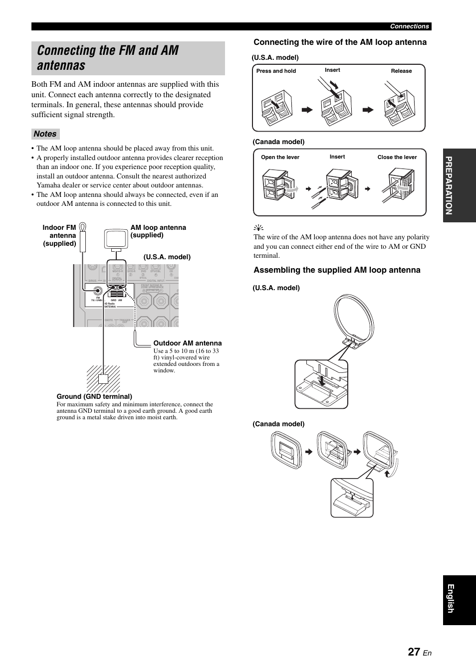 Connecting the fm and am antennas, P. 27, Connecting the wire of the am loop antenna y | Assembling the supplied am loop antenna | Yamaha HTR-6180 User Manual | Page 31 / 152