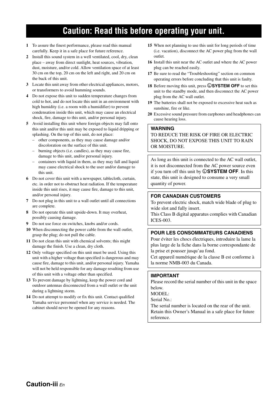 Caution: read this before operating your unit, Caution-iii | Yamaha HTR-6180 User Manual | Page 4 / 152