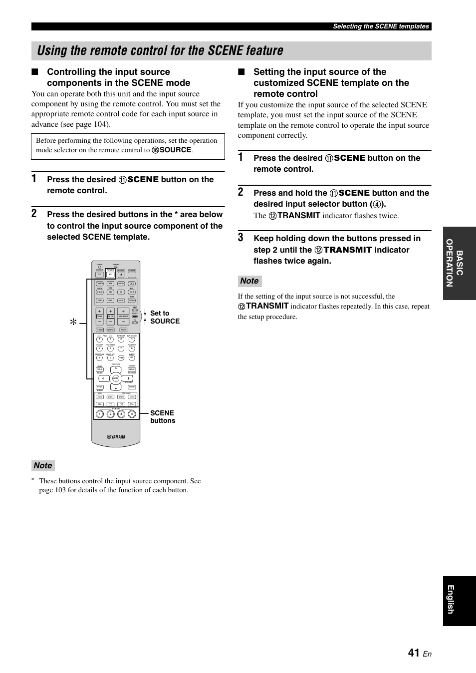 Using the remote control for the scene feature, Using the remote control, For the scene feature | Ba s ic opera t ion english, Transmit, Set to source scene buttons | Yamaha HTR-6180 User Manual | Page 45 / 152