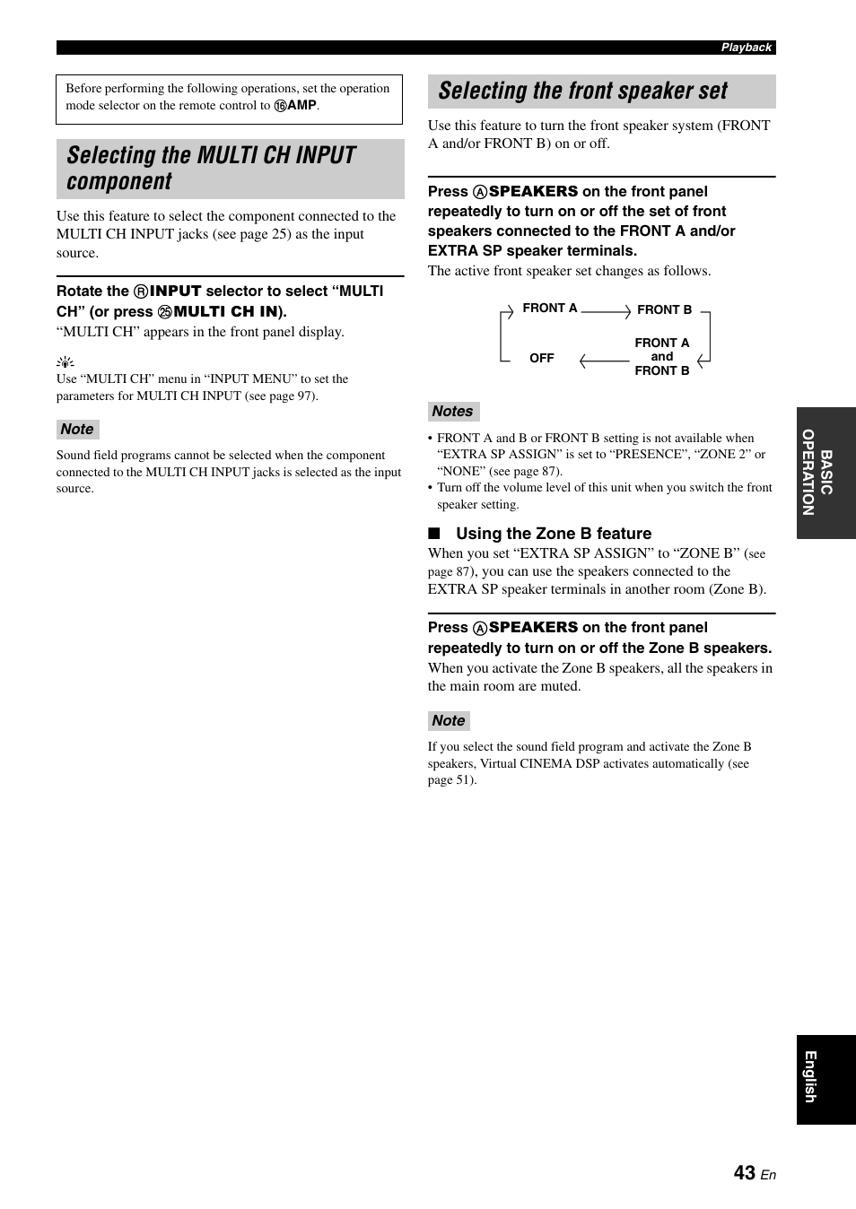 Selecting the multi ch input component, Selecting the front speaker set | Yamaha HTR-6180 User Manual | Page 47 / 152