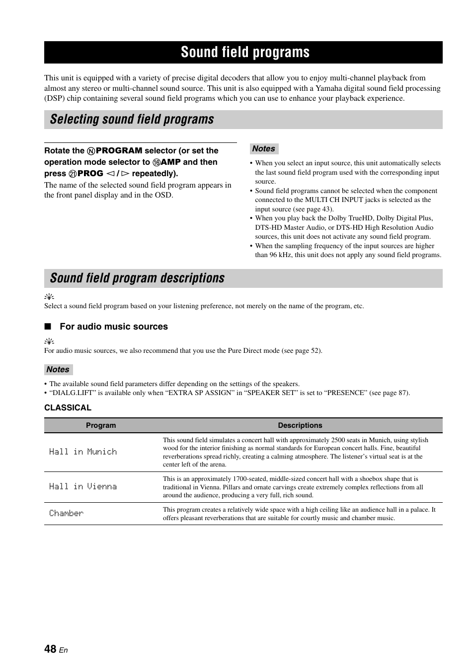 Sound field programs, Selecting sound field programs, Sound field program descriptions | P. 48 | Yamaha HTR-6180 User Manual | Page 52 / 152