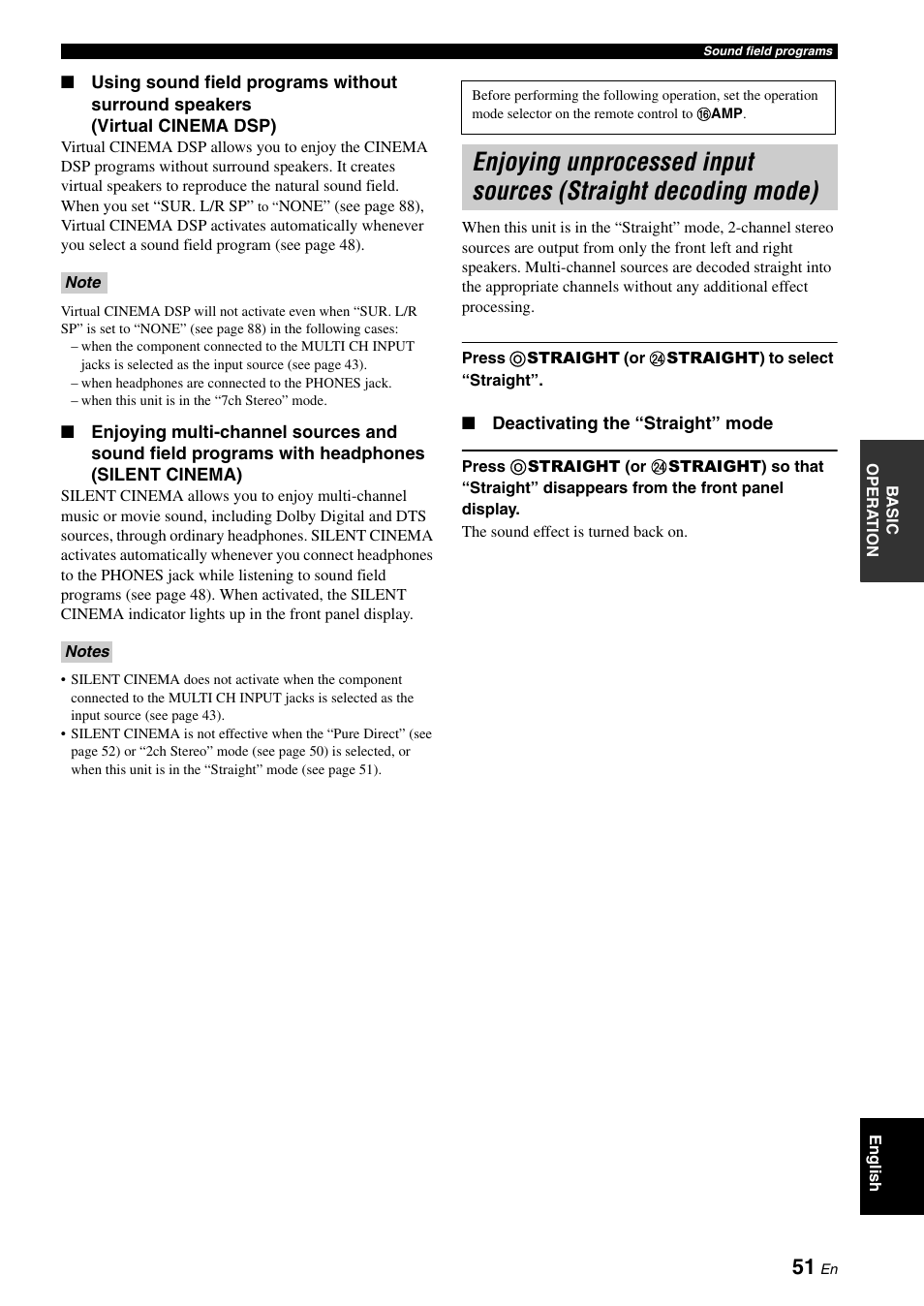 Enjoying unprocessed input sources, Straight decoding mode) | Yamaha HTR-6180 User Manual | Page 55 / 152