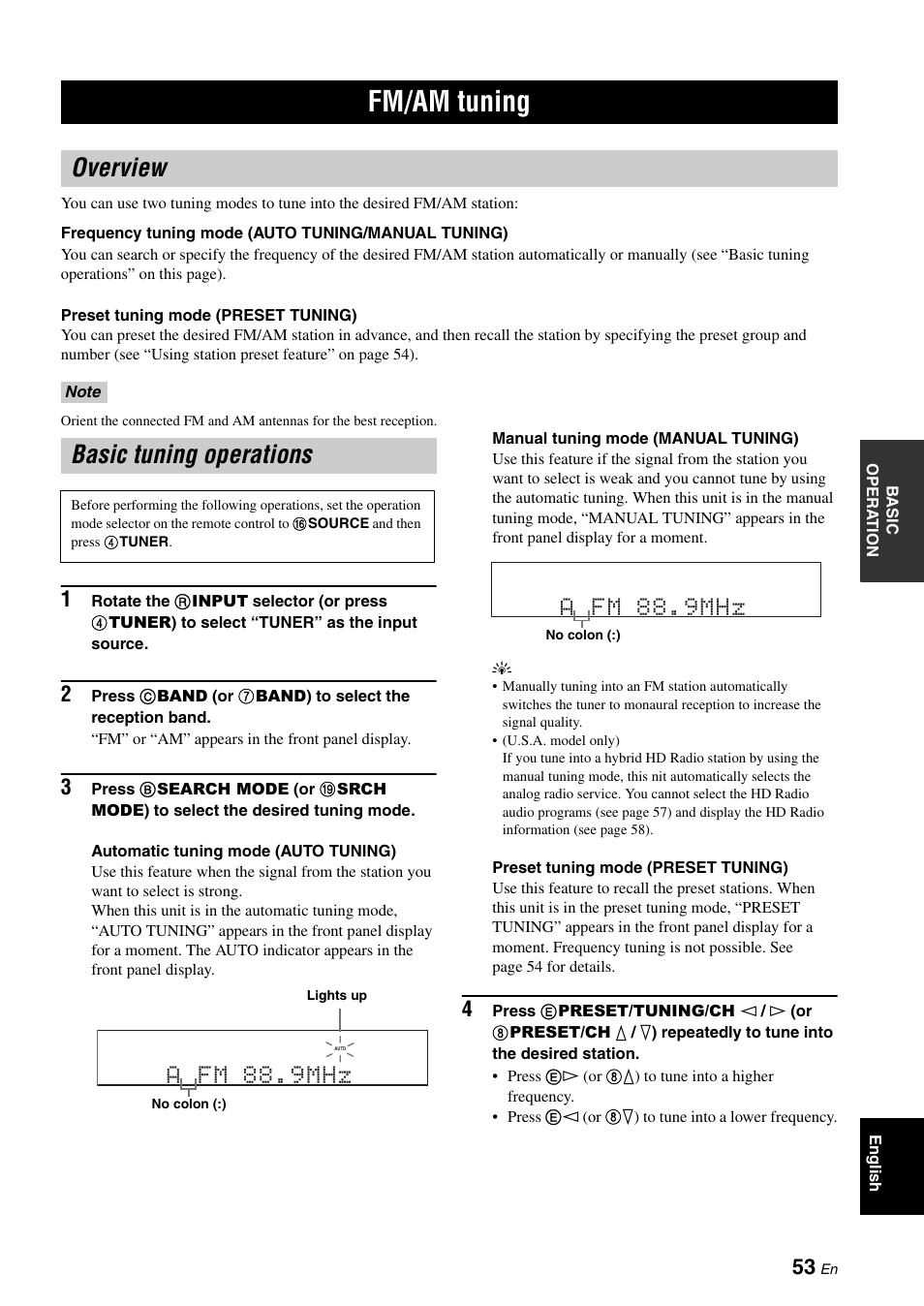 Fm/am tuning, Overview, Basic tuning operations | Overview basic tuning operations, P. 53, A fm 88.9mhz | Yamaha HTR-6180 User Manual | Page 57 / 152