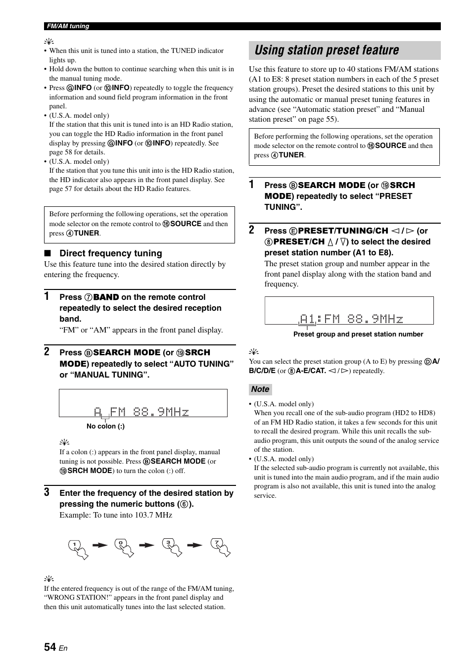 Using station preset feature, A fm 88.9mhz, A1:fm 88.9mhz | Yamaha HTR-6180 User Manual | Page 58 / 152