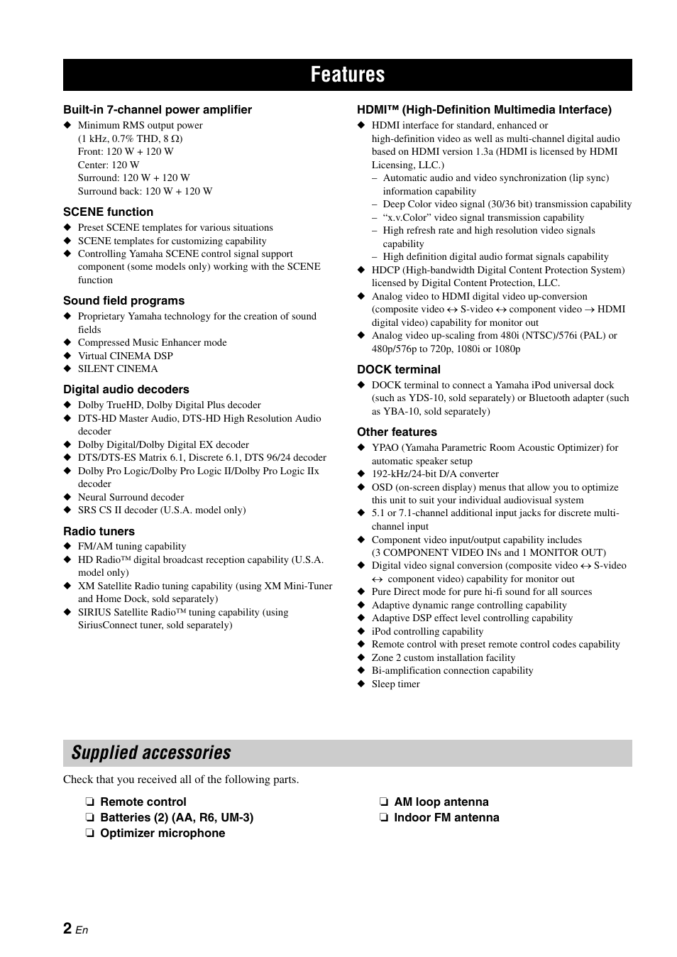 Features, Supplied accessories, Untitled | Yamaha HTR-6180 User Manual | Page 6 / 152