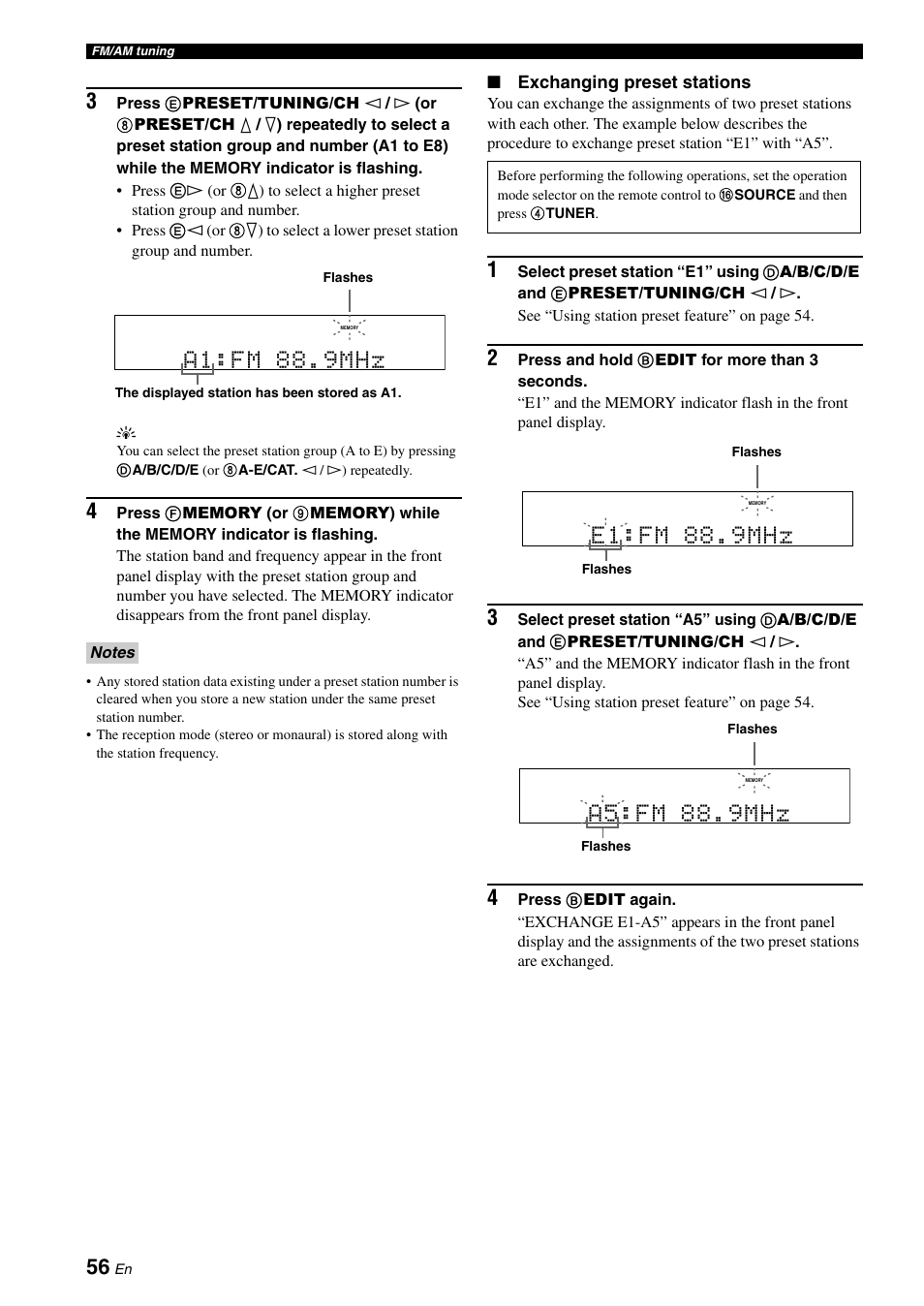 A1:fm 88.9mhz, E1:fm 88.9mhz, A5:fm 88.9mhz | Yamaha HTR-6180 User Manual | Page 60 / 152