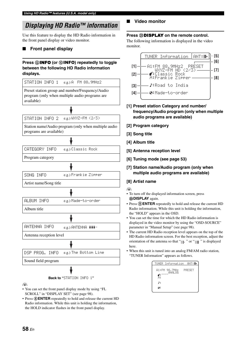 Displaying hd radio™ information | Yamaha HTR-6180 User Manual | Page 62 / 152