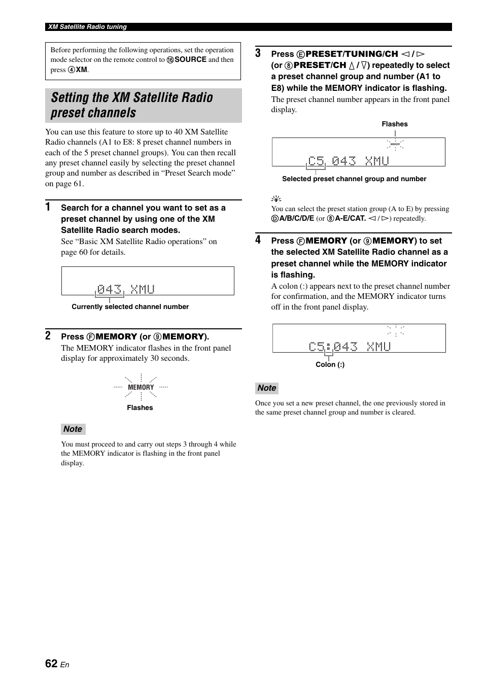 Setting the xm satellite radio preset channels, Setting the xm satellite radio, Preset channels | Ls (see, 043 xmu, C5 043 xmu, C5:043 xmu | Yamaha HTR-6180 User Manual | Page 66 / 152