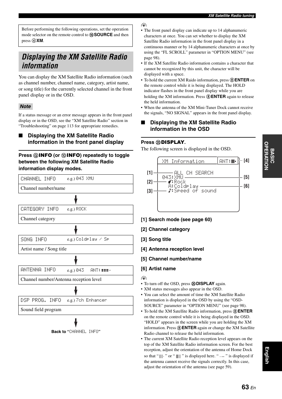 Displaying the xm satellite radio information, Displaying the xm satellite radio, Information | Yamaha HTR-6180 User Manual | Page 67 / 152