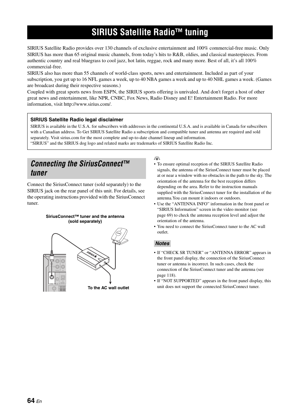 Sirius satellite radio™ tuning, Connecting the siriusconnect™ tuner, P. 64 | Sirius satellite radio, Legal disclaimer | Yamaha HTR-6180 User Manual | Page 68 / 152