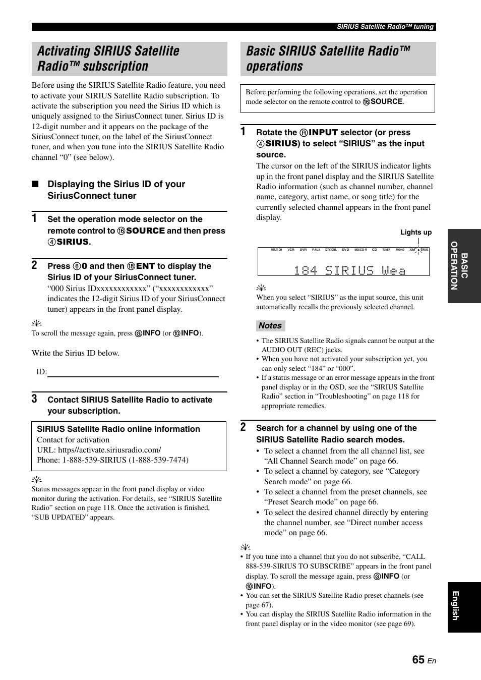 Activating sirius satellite radio™ subscription, Basic sirius satellite radio™ operations, 184 sirius wea | Yamaha HTR-6180 User Manual | Page 69 / 152