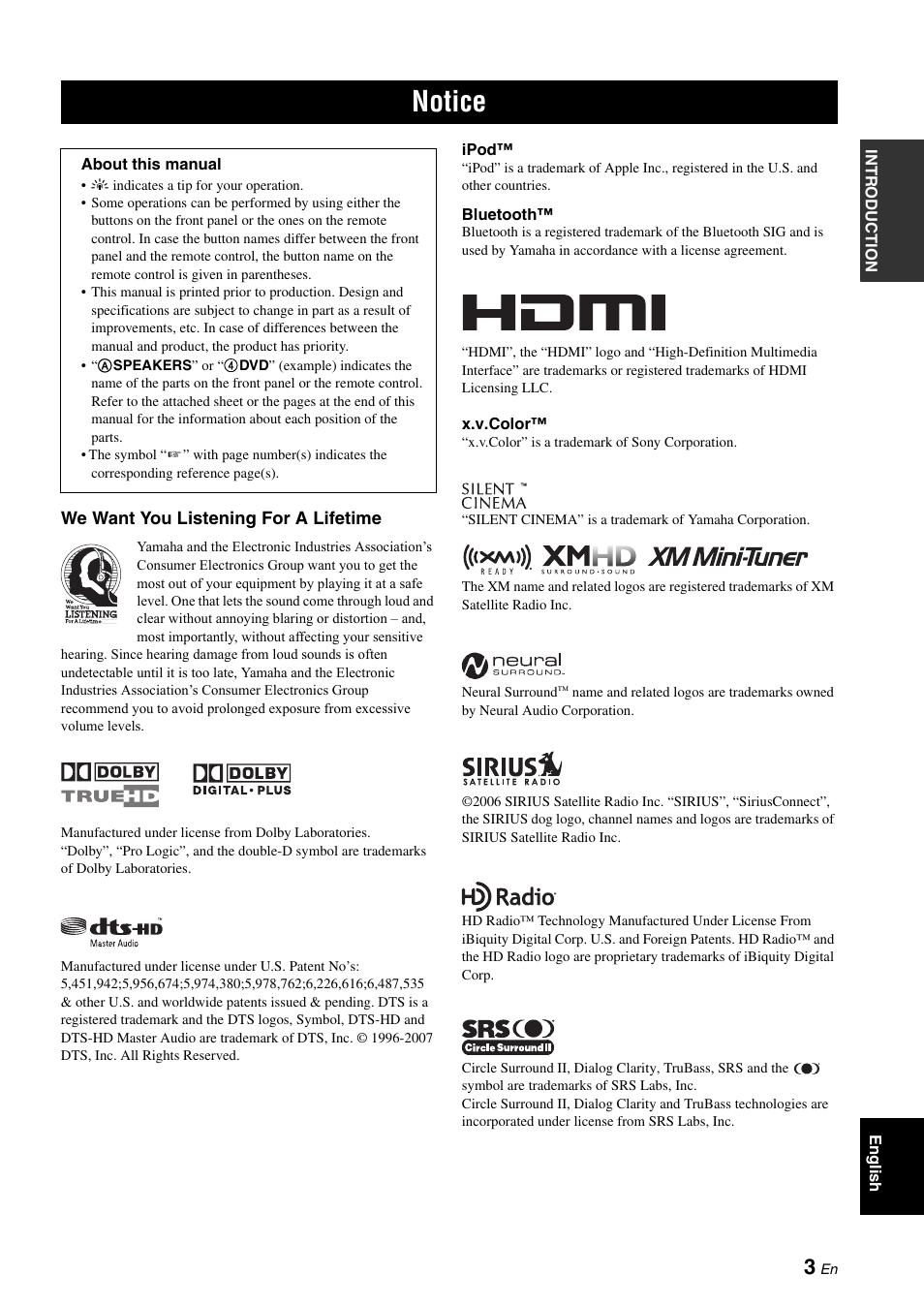 Notice | Yamaha HTR-6180 User Manual | Page 7 / 152