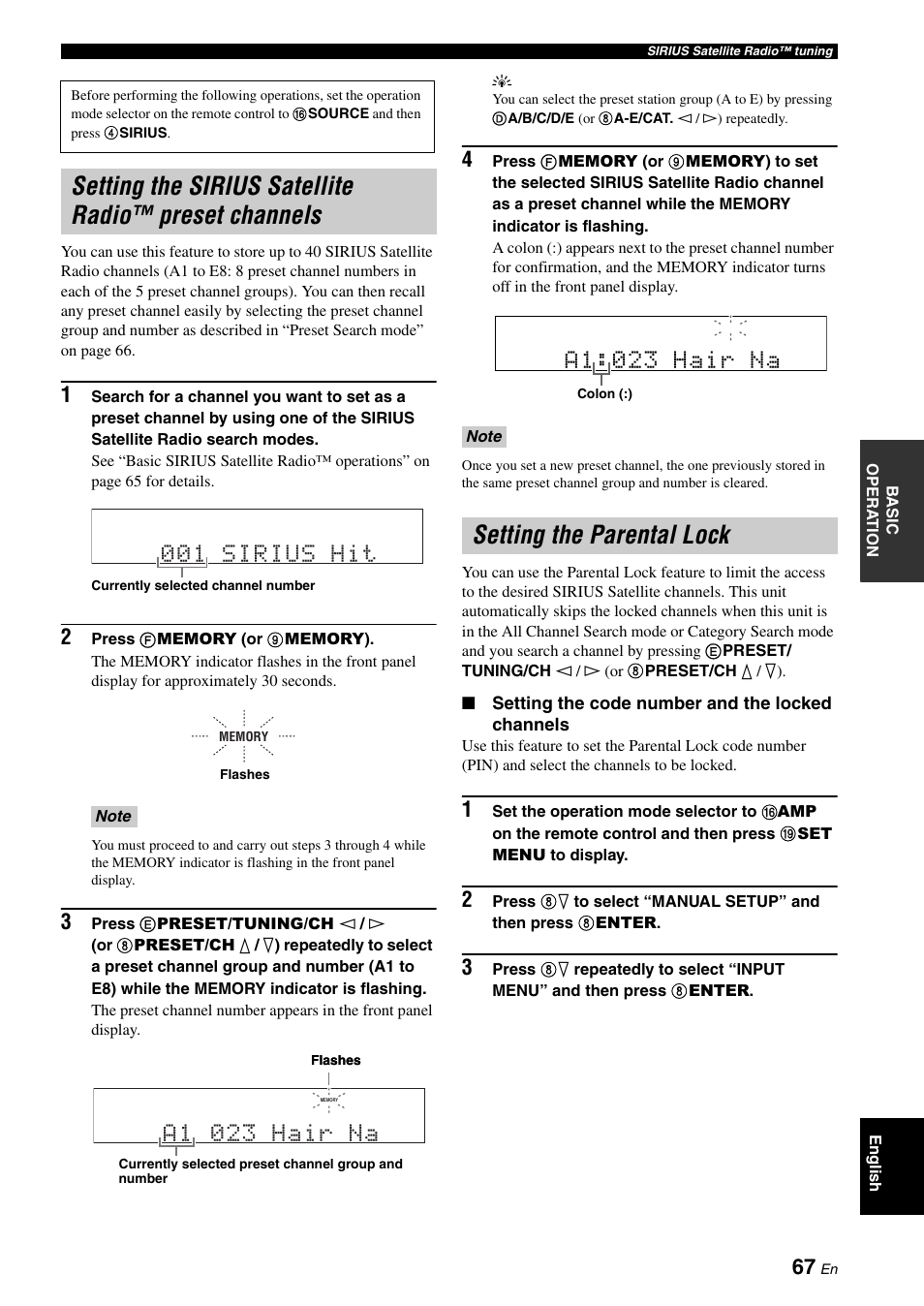 Setting the parental lock, Setting the sirius satellite radio, Preset channels | Annels (see, 001 sirius hit, A1 023 hair na, A1:023 hair na | Yamaha HTR-6180 User Manual | Page 71 / 152