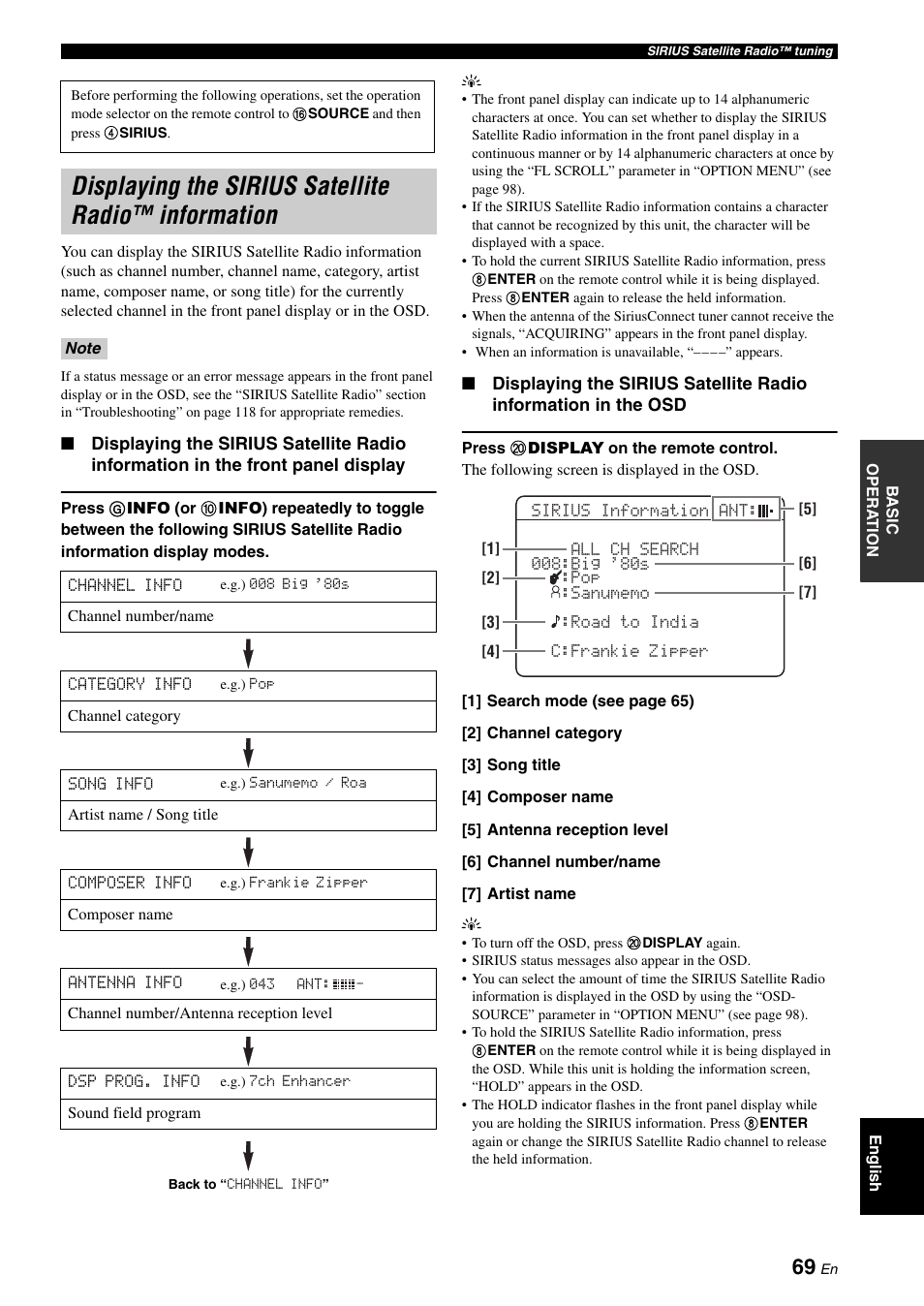 Displaying the sirius satellite radio™ information, Displaying the sirius satellite radio, Information | Yamaha HTR-6180 User Manual | Page 73 / 152