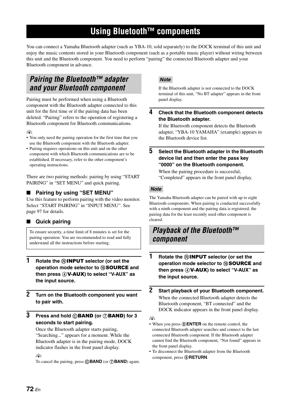 Using bluetooth™ components, Playback of the bluetooth™ component, Pairing the bluetooth™ adapter and your bluetooth | Component, P. 72 | Yamaha HTR-6180 User Manual | Page 76 / 152