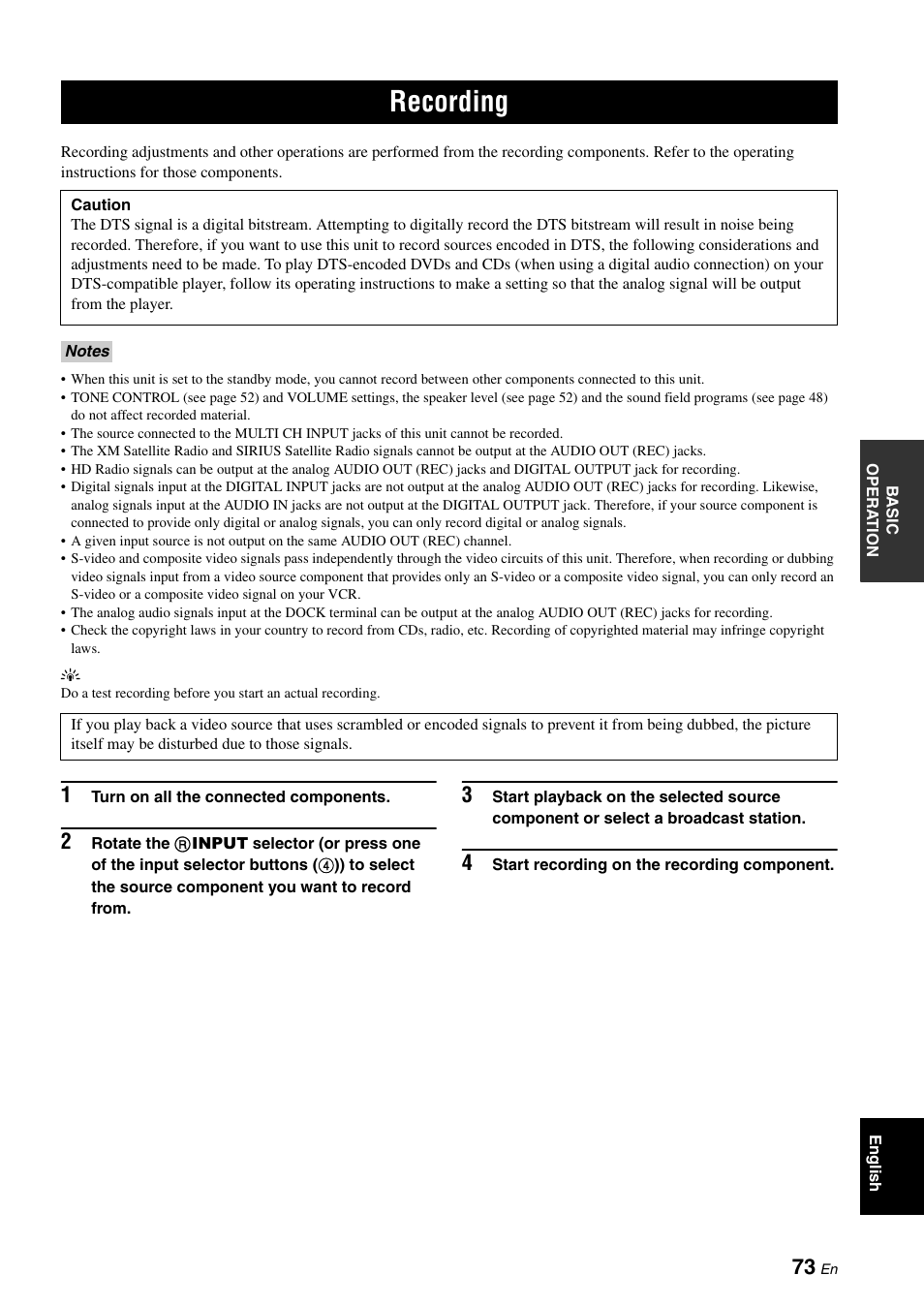 Recording | Yamaha HTR-6180 User Manual | Page 77 / 152