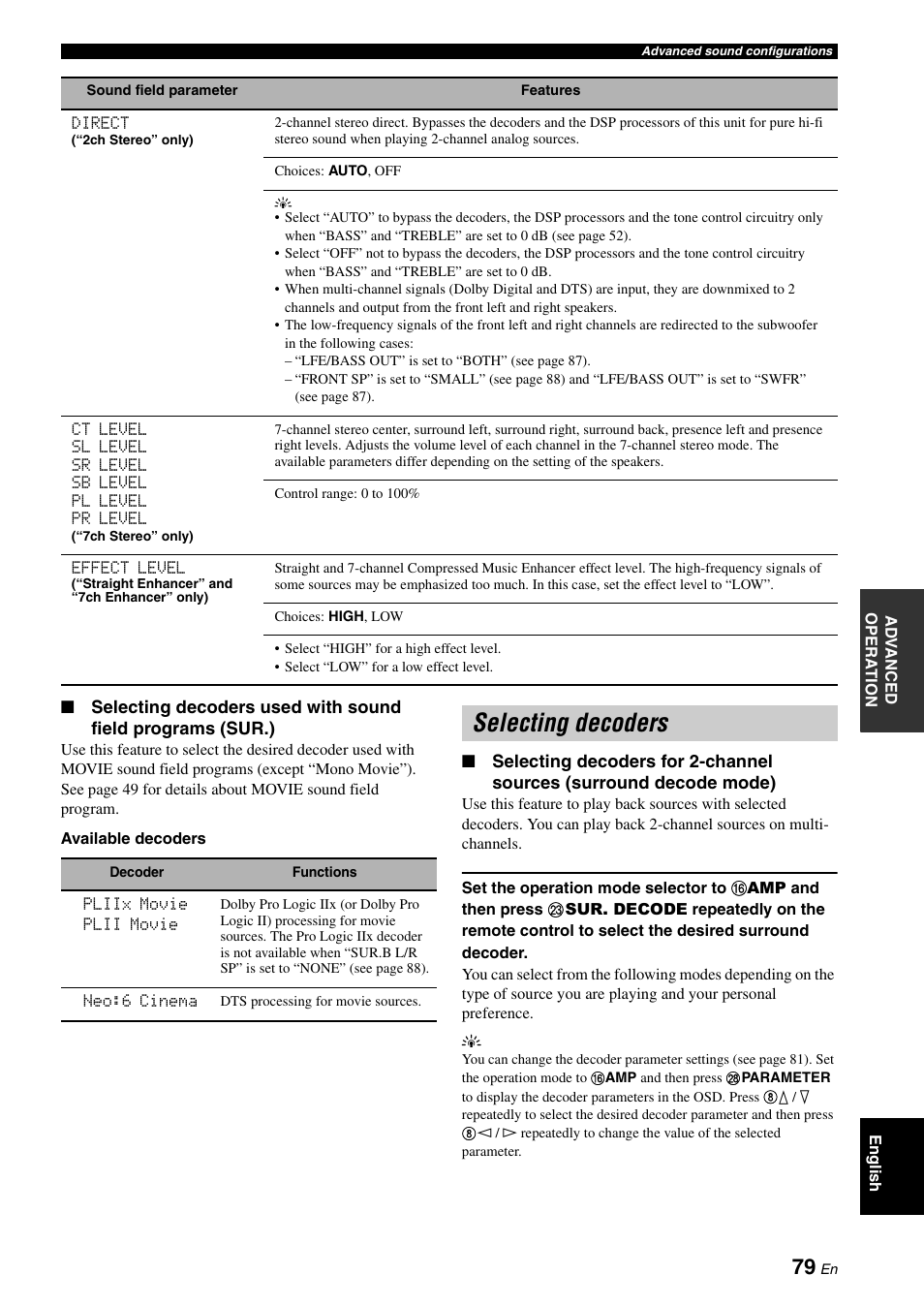 Selecting decoders | Yamaha HTR-6180 User Manual | Page 83 / 152